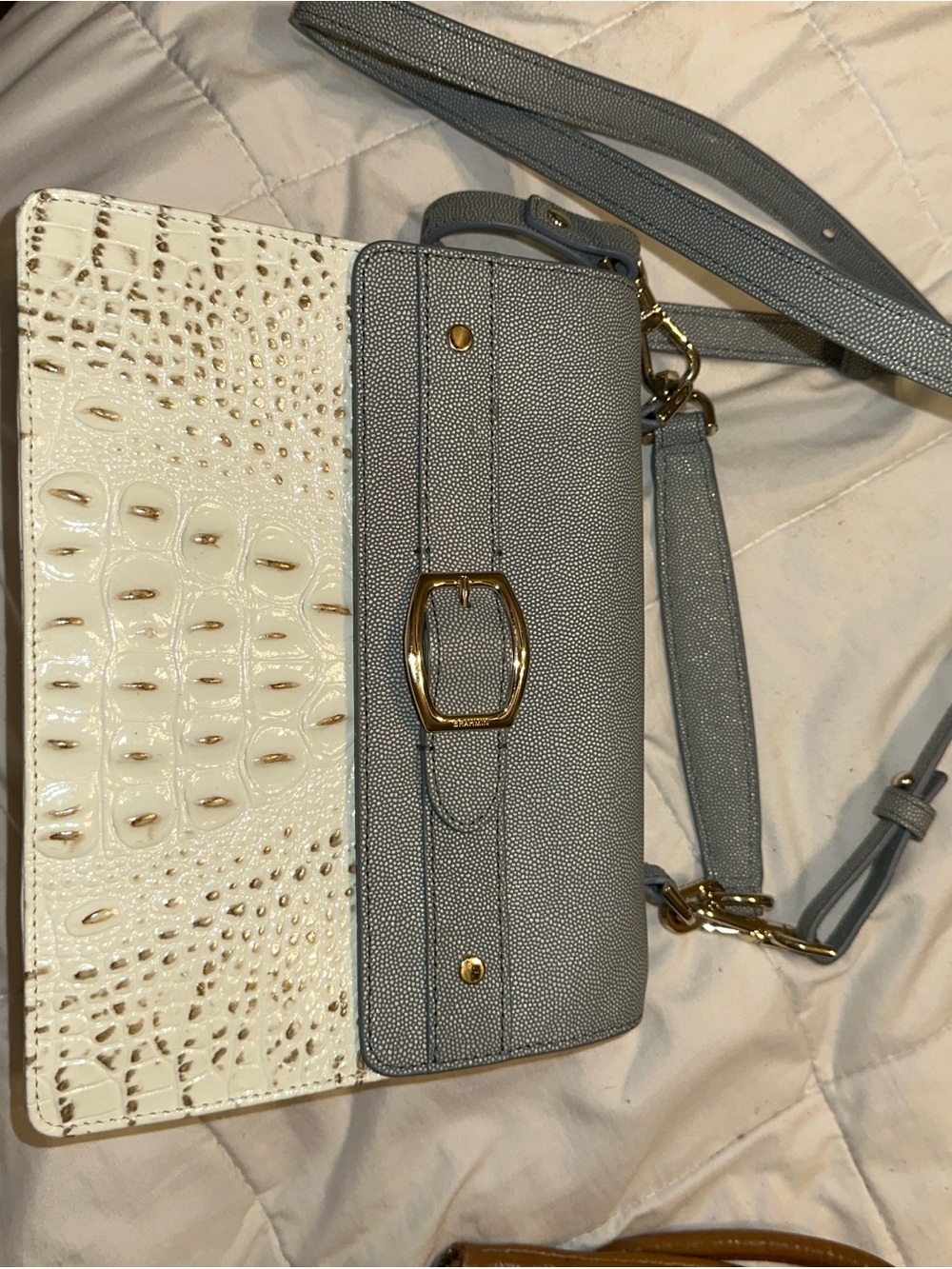 Brahmin Gray and White Croc-Accent Crossbody Bag with Gold Hardware
